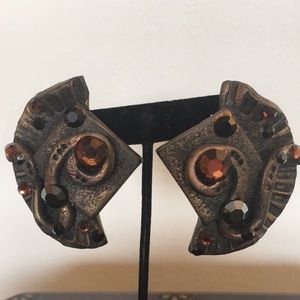 1980s 1990s vintage large clip-on resin earrings, rhinestones, 2.5”
